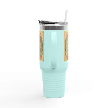 40oz Stay Grounded Travel Mug with straw, durable stainless steel, double-wall insulated, ergonomic handle, light blue color.