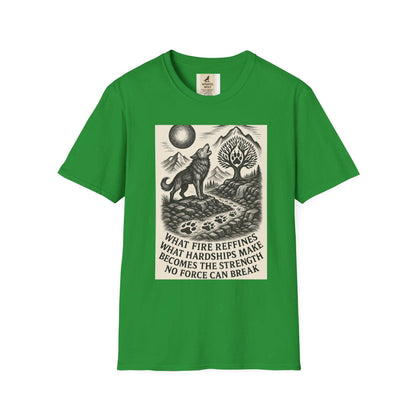Inspirational Wolf T-Shirt in green with bold nature design and kindness message.