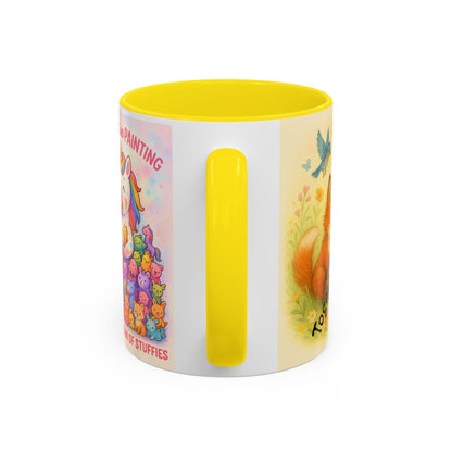 Whimsical Cat Mug with playful cat and unicorn design, vibrant artwork, yellow handle and interior, perfect for cat lovers and creatives.