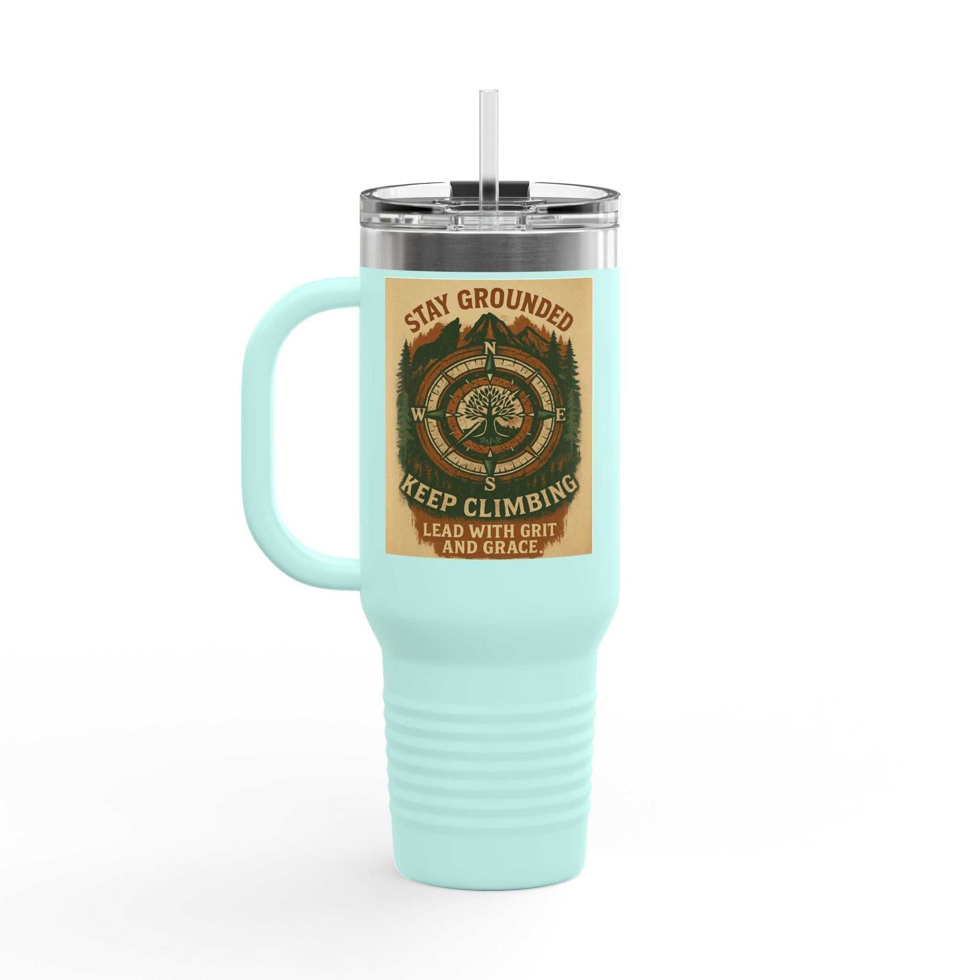 40oz Stay Grounded Travel Mug for Outdoor Lovers, insulated stainless steel tumbler with ergonomic handle and leak-proof lid.