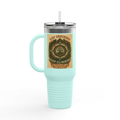 40oz Stay Grounded Travel Mug for Outdoor Lovers, insulated stainless steel tumbler with ergonomic handle and leak-proof lid.