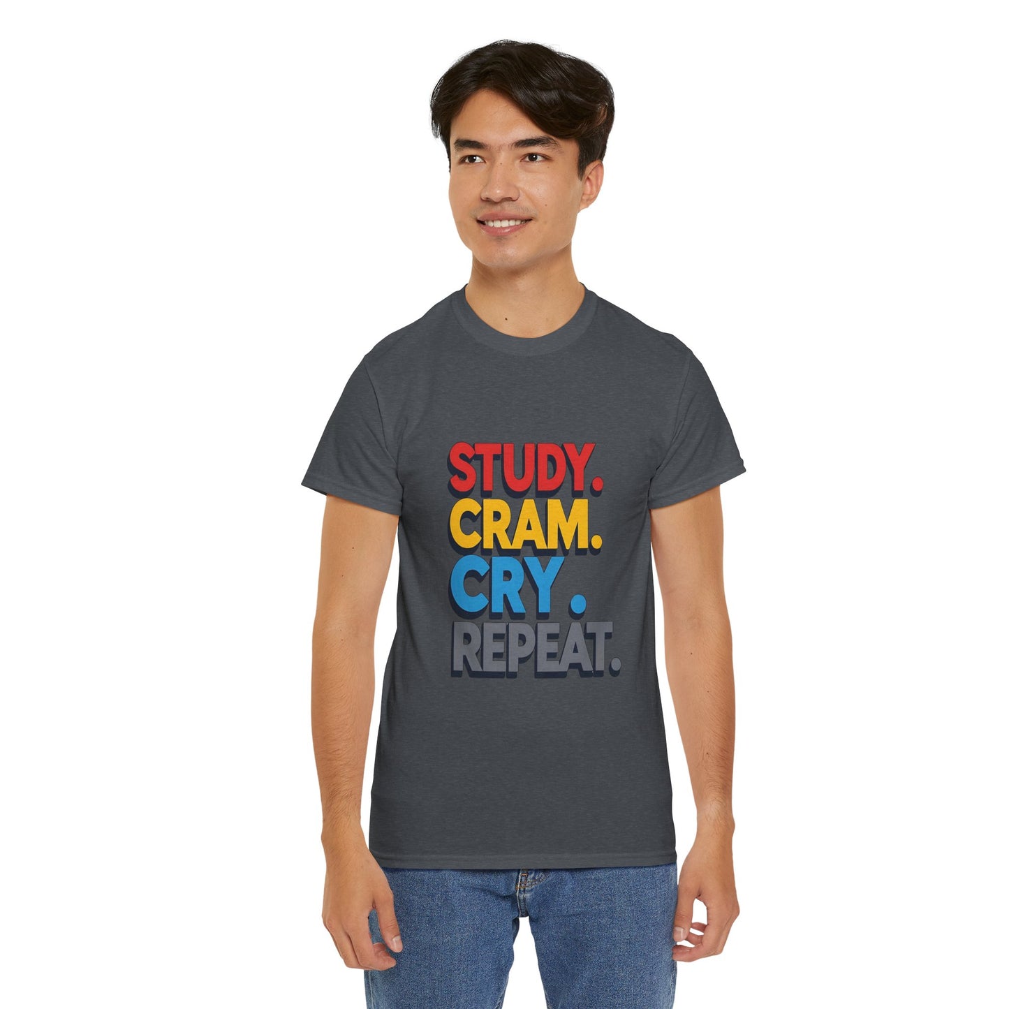 Study Cram Cry Repeat Tee, Unisex Heavy Cotton T-Shirt, Student Gift, College Humor Shirt, Exam Prep Apparel, Funny Study Tee