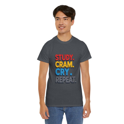 Study Cram Cry Repeat Tee, Unisex Heavy Cotton T-Shirt, Student Gift, College Humor Shirt, Exam Prep Apparel, Funny Study Tee