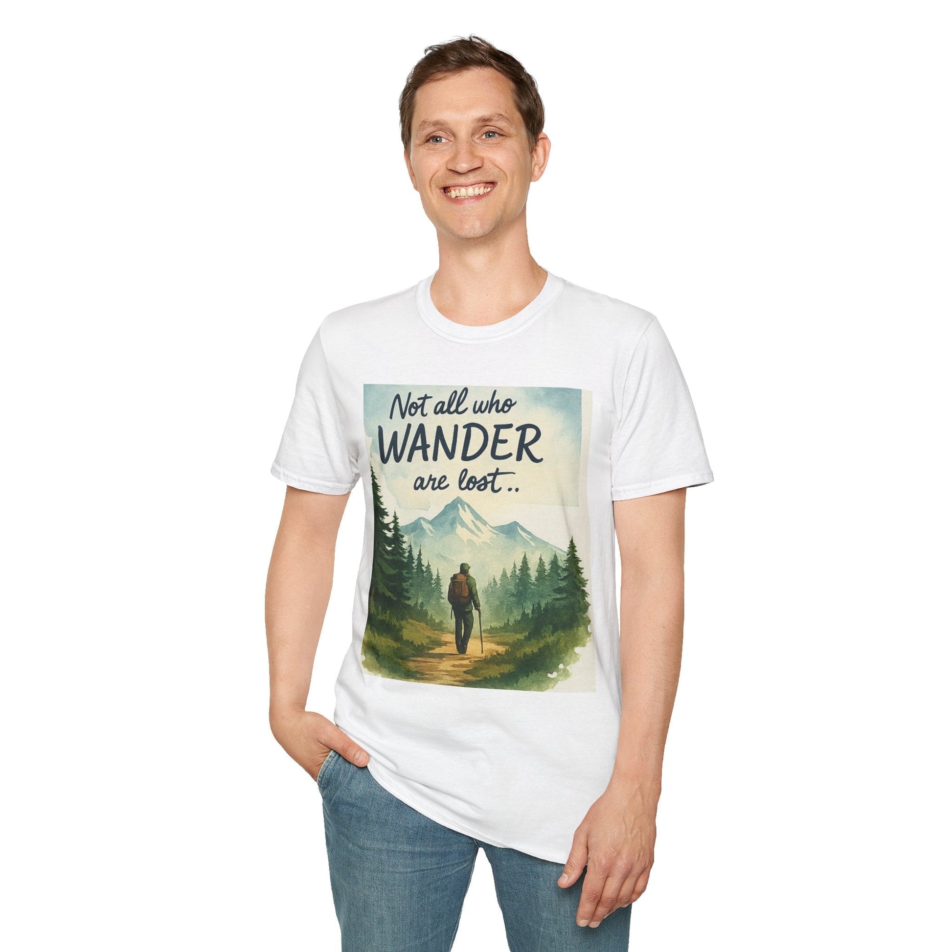 Montana-Inspired Adventure Tee with scenic graphic for nature fans, featuring a nature-themed print and text "Not all who wander are lost".