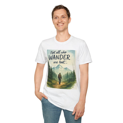 Montana-Inspired Adventure Tee with scenic graphic for nature fans, featuring a nature-themed print and text "Not all who wander are lost".