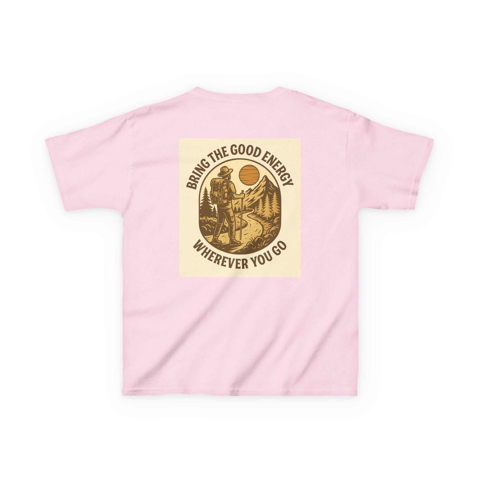 Pink Adventure Kids Tee with motivational "Bring The Good Energy Wherever You Go" graphic.