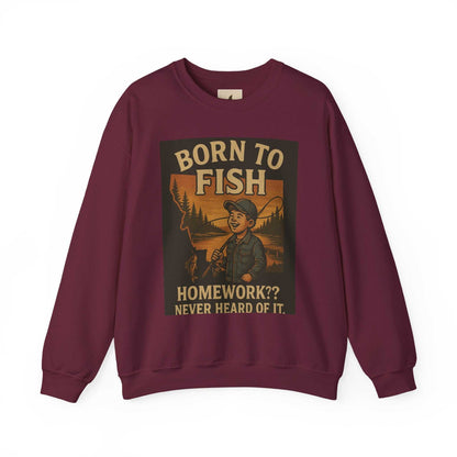 Born to Fish Sweatshirt with angler design, maroon color, perfect for fishing enthusiasts.