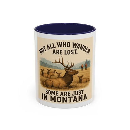 Montana Adventure Mug with rustic elk design and mountainous backdrop.