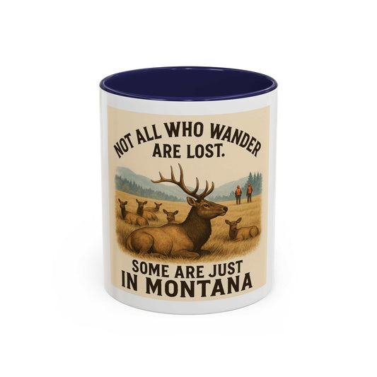 Montana Adventure Mug with rustic elk design and mountainous backdrop.