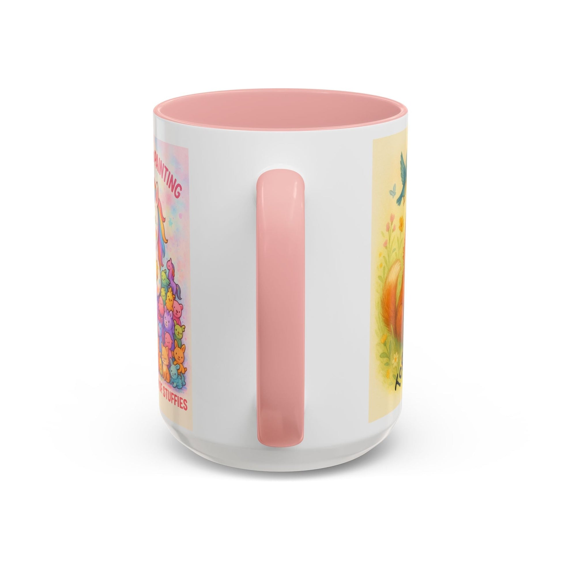 Whimsical Cat Mug with playful unicorn and cat design, pink handle, creative gift for cat lovers.