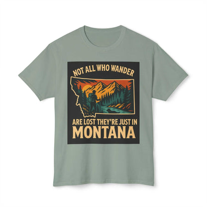 Montana Adventure Tee with nature-inspired design and "Not All Who Wander Are Lost" quote.