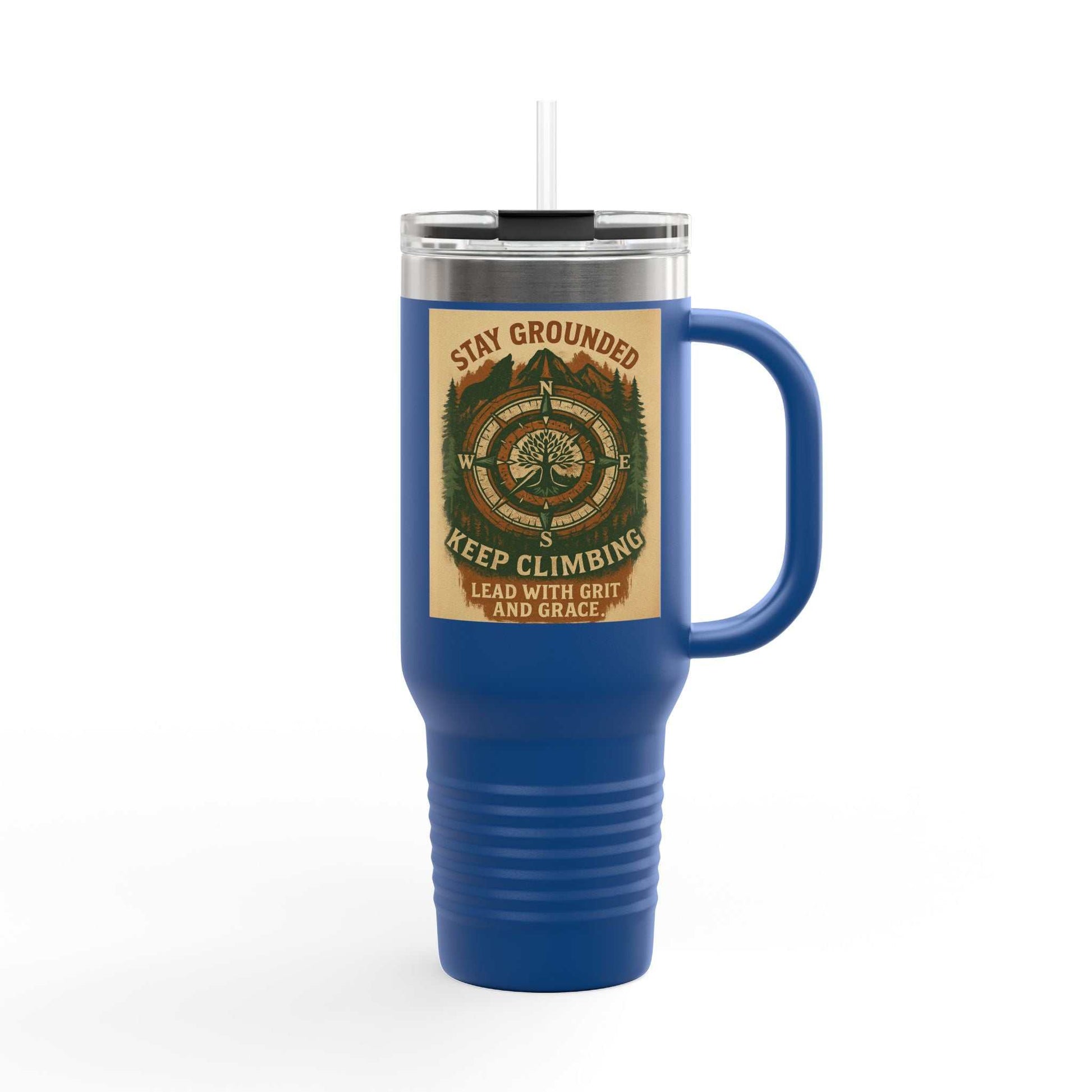 40oz insulated Stay Grounded Travel Mug with ergonomic handle, leak-proof lid, and outdoor-inspired design.