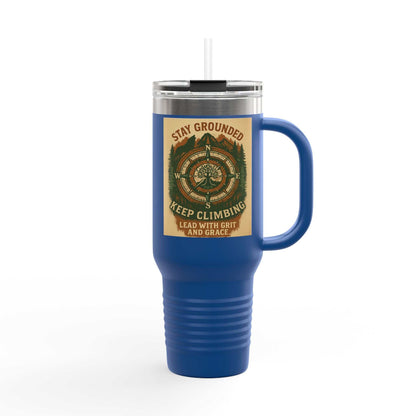 40oz insulated Stay Grounded Travel Mug with ergonomic handle, leak-proof lid, and outdoor-inspired design.