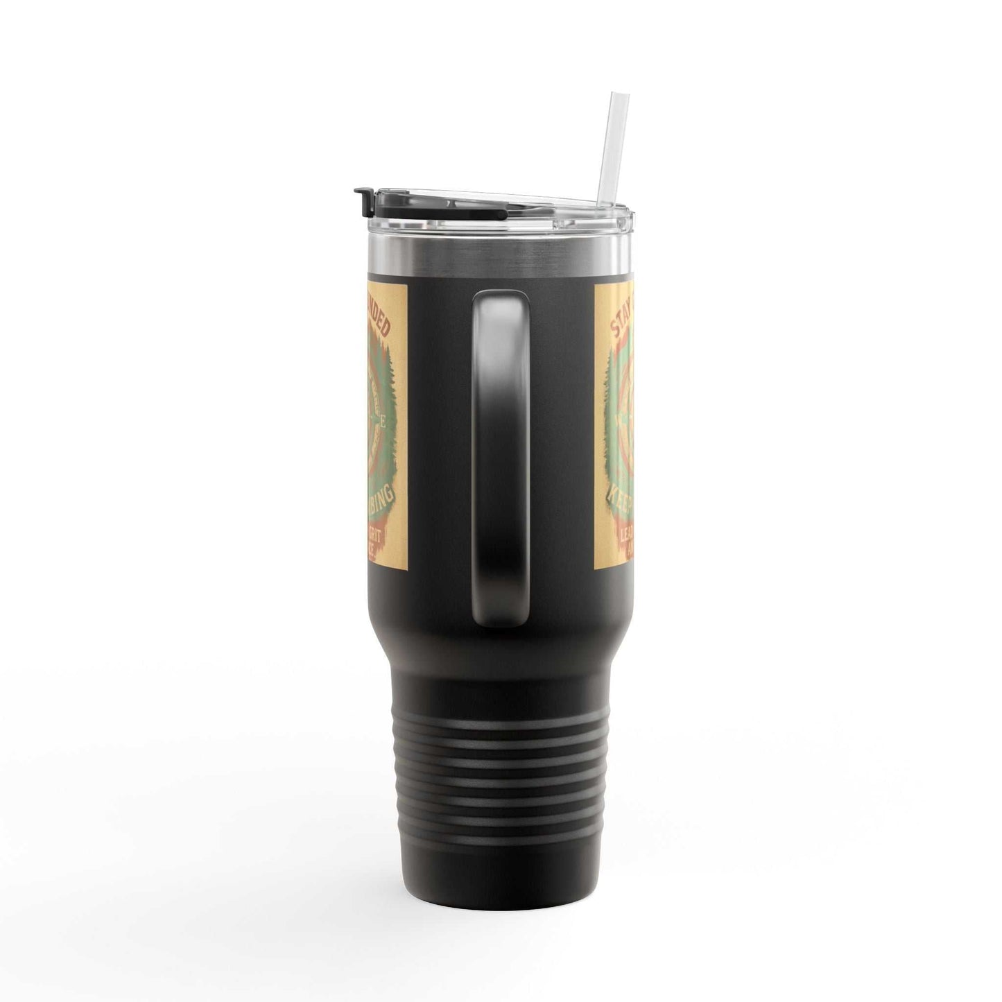 40oz insulated Stay Grounded Travel Mug, durable stainless steel, ergonomic handle, vibrant design.