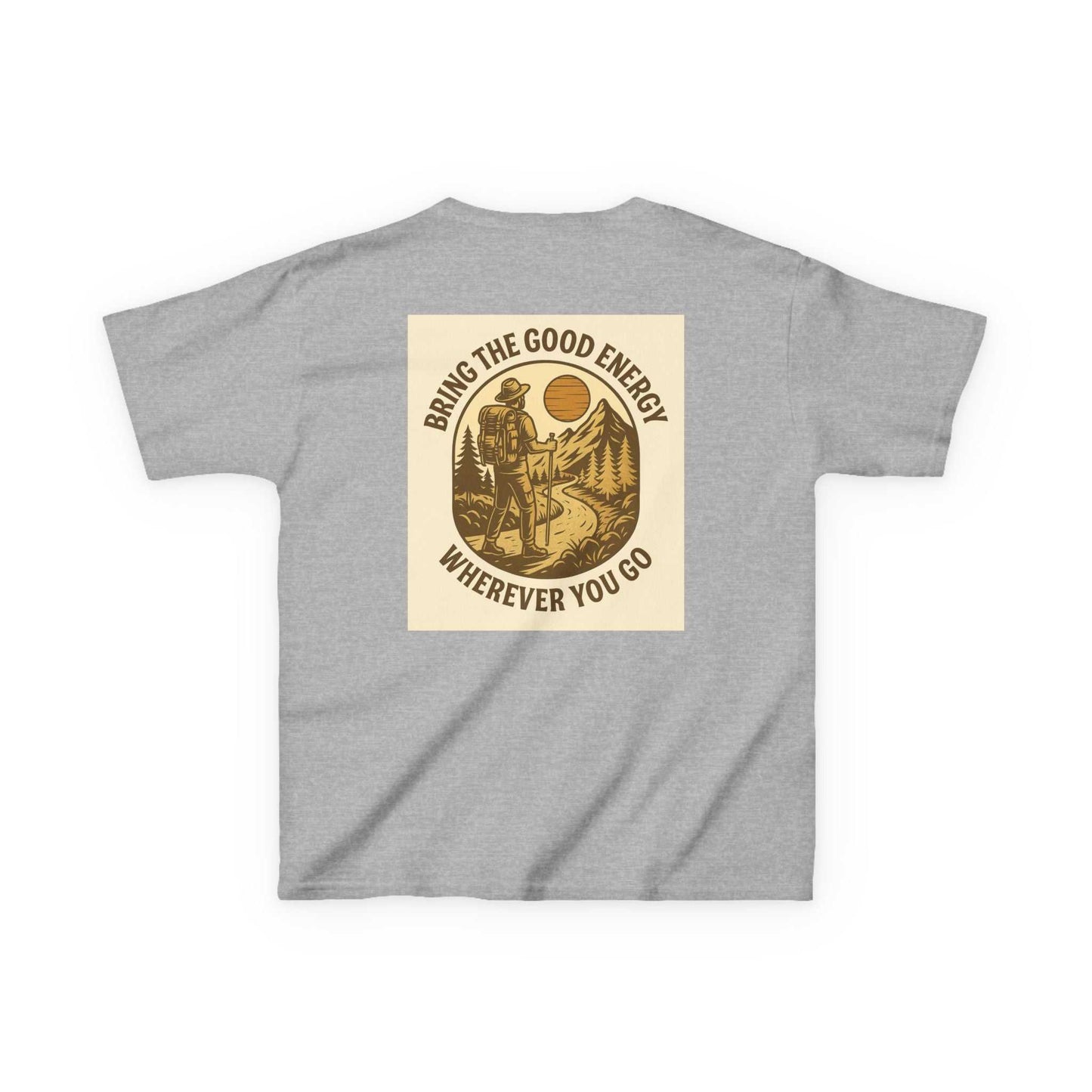 Nature-inspired Adventure Kids Tee with mountain and sun design, featuring motivational message "Bring The Good Energy Wherever You Go" on soft cotton fabric.