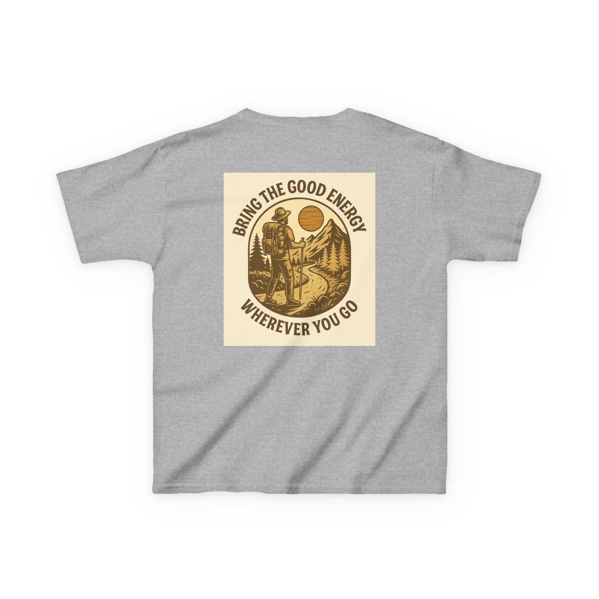 Nature-inspired Adventure Kids Tee with mountain and sun design, featuring motivational message "Bring The Good Energy Wherever You Go" on soft cotton fabric.