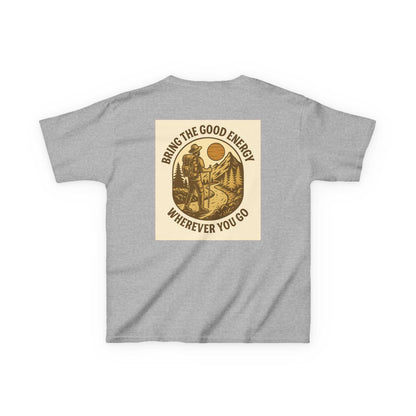 Nature-inspired Adventure Kids Tee with mountain and sun design, featuring motivational message "Bring The Good Energy Wherever You Go" on soft cotton fabric.