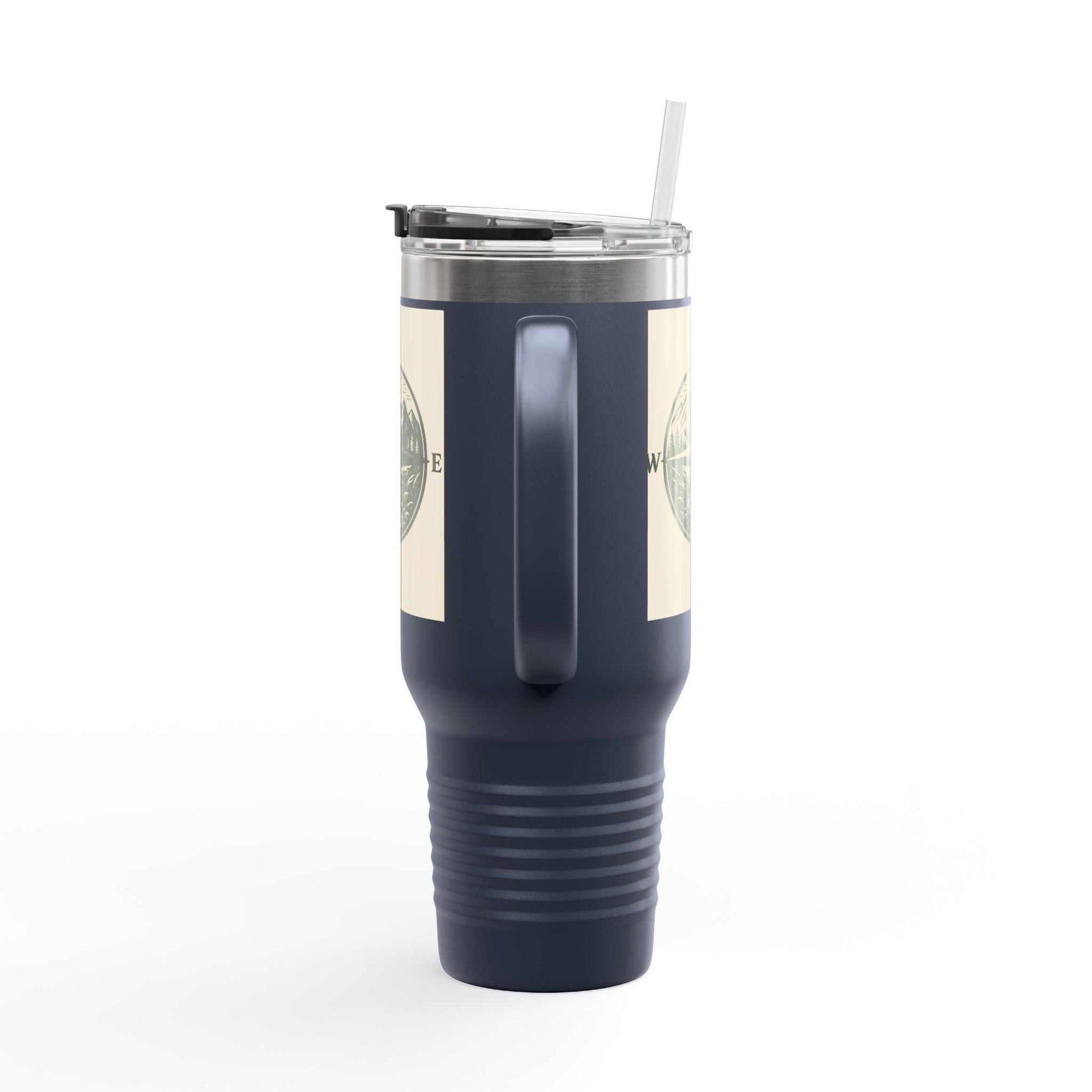 40oz Montana Compass Travel Mug with compass design, insulated stainless steel, ergonomic handle, and leak-proof lid.