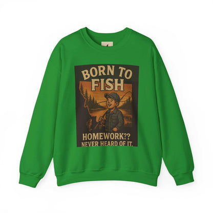 Green Born to Fish Sweatshirt featuring bold design for fishing enthusiasts.