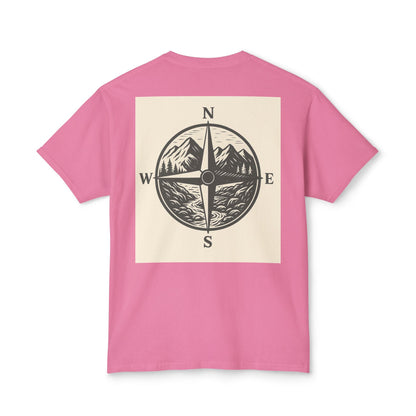Pink Montana Adventure Tee featuring a nature-inspired compass design on the back, ideal for outdoor enthusiasts.