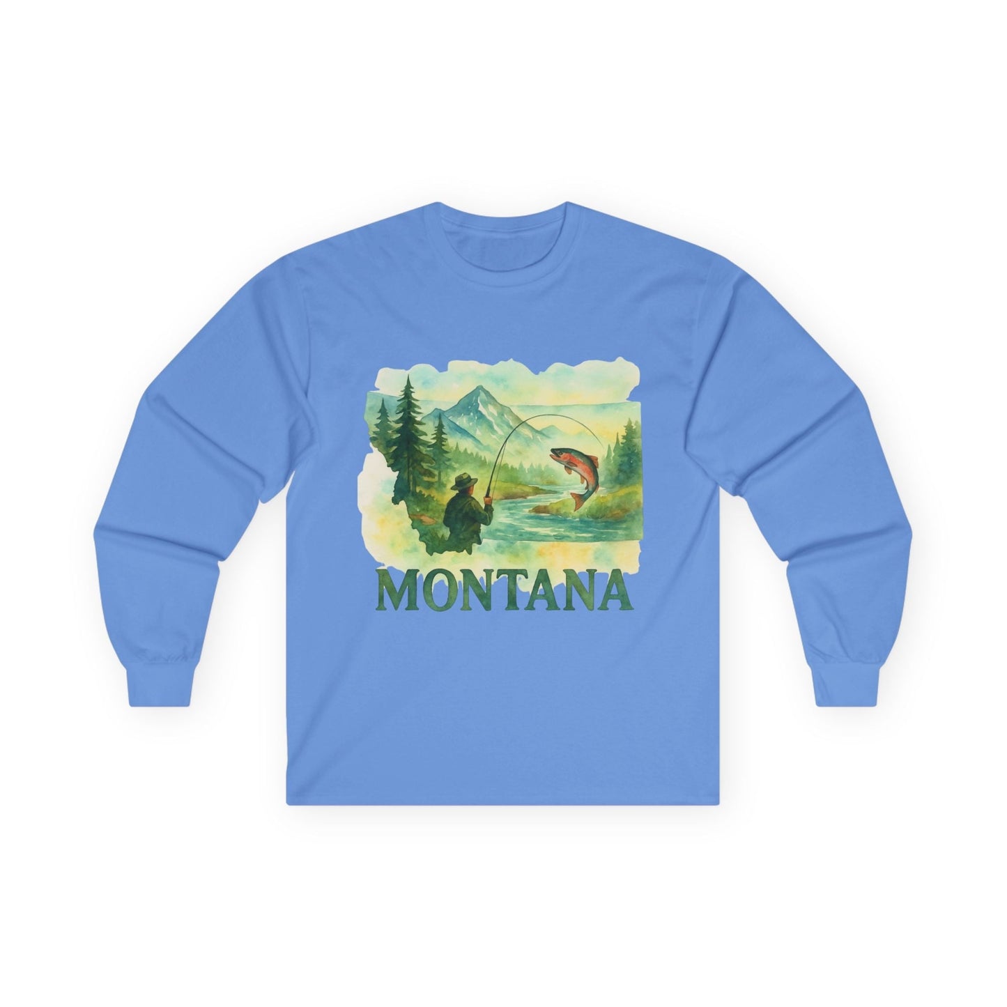 Montana Fishing Long Sleeve Tee with vintage design, featuring angler and mountain scene.
