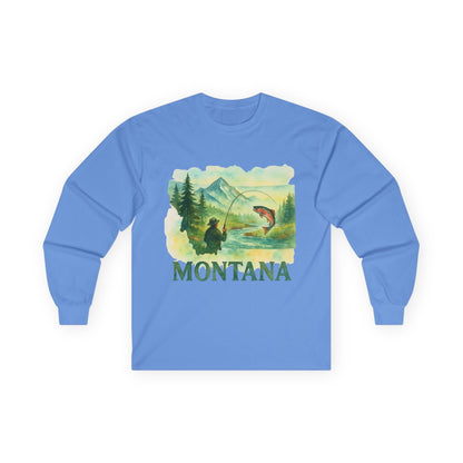 Montana Fishing Long Sleeve Tee with vintage design, featuring angler and mountain scene.