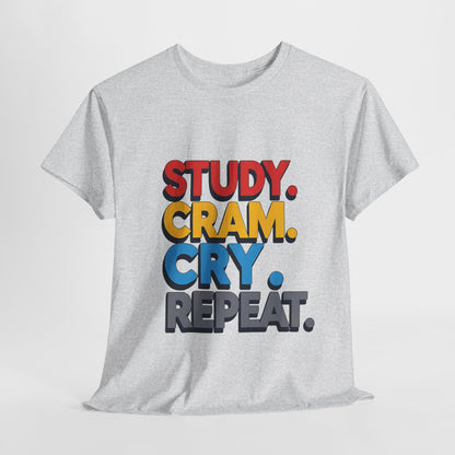 Study Cram Cry Repeat Tee, Unisex Heavy Cotton T-Shirt, Student Gift, College Humor Shirt, Exam Prep Apparel, Funny Study Tee
