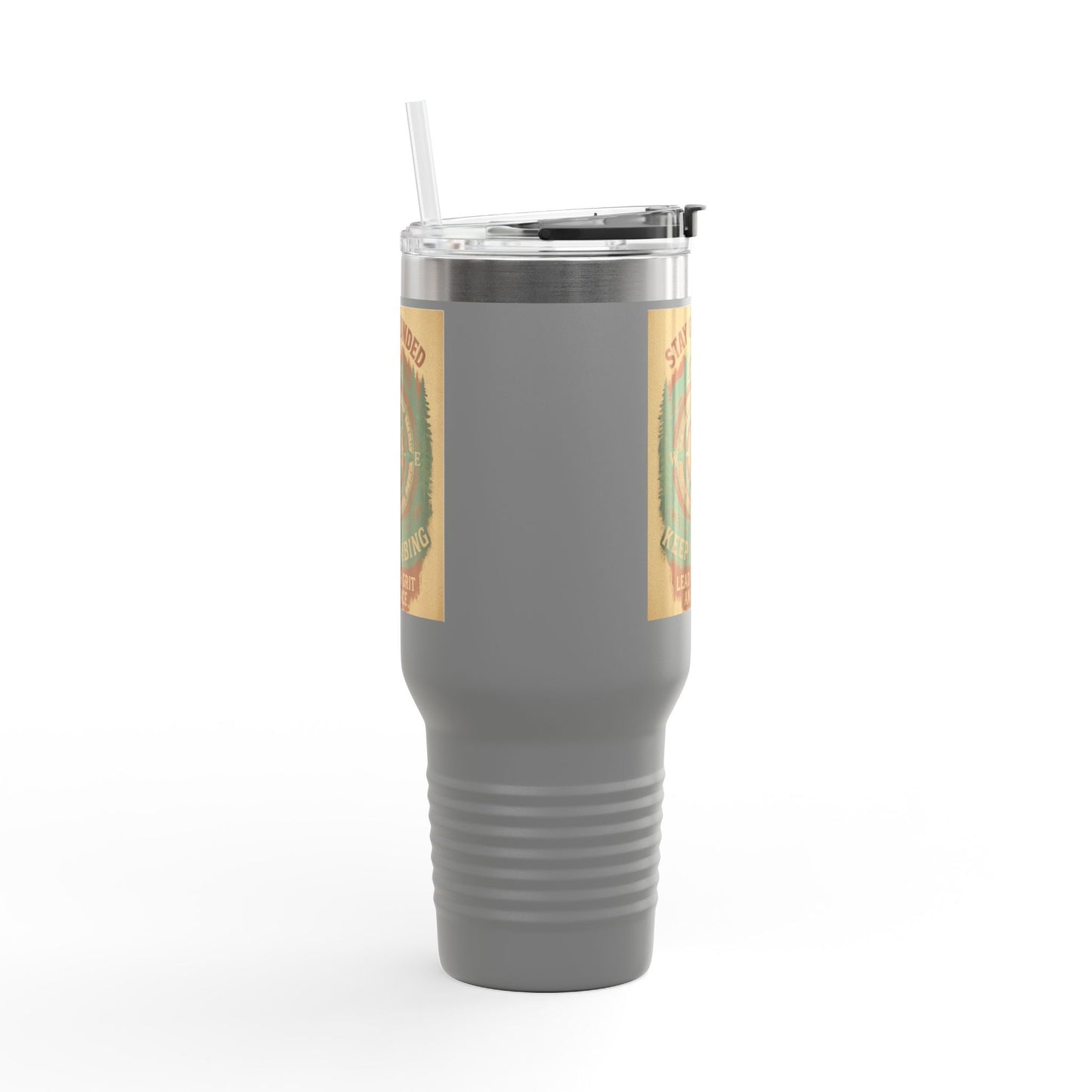 40oz Stay Grounded Travel Mug with insulated stainless steel design, featuring a nature-themed print and ergonomic handle.