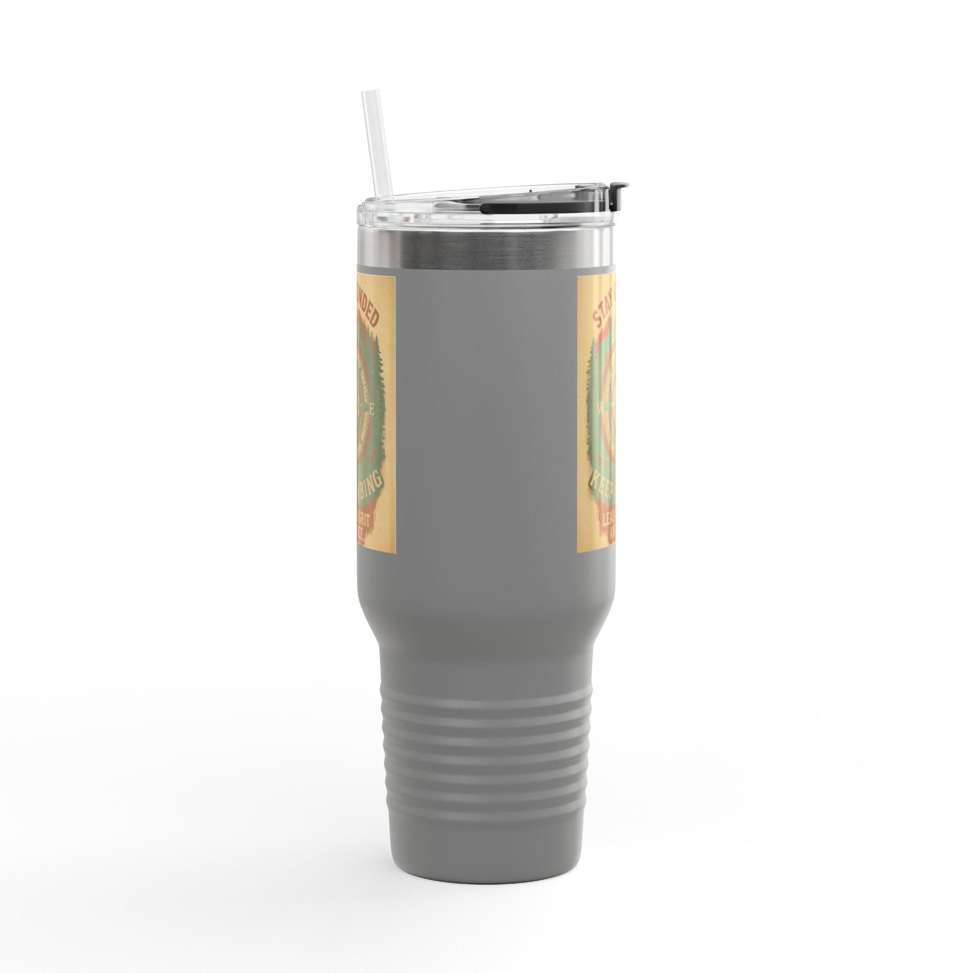 40oz Stay Grounded Travel Mug with insulated stainless steel design, featuring a nature-themed print and ergonomic handle.