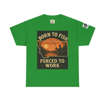 Montana Fishing Tee in green with "Born to Fish, Forced to Work" graphic for nature lovers.