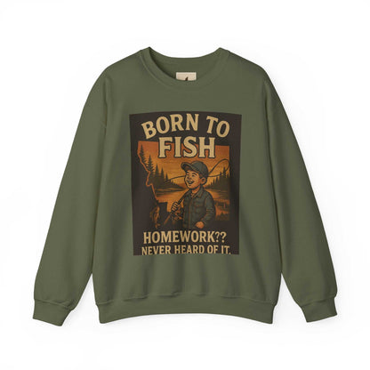 Olive green "Born to Fish" sweatshirt with angler graphic, ideal for fishing enthusiasts.