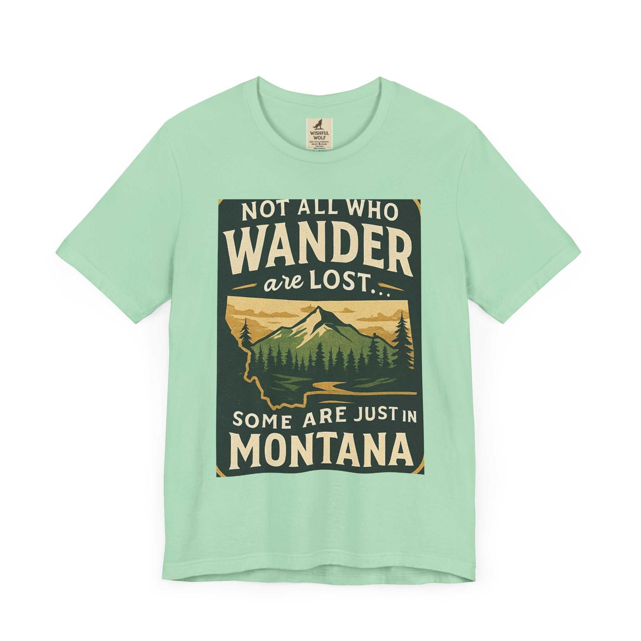 Scenic "Get Lost in Montana Tee" for outdoor adventurers, featuring mountains and forest graphic.