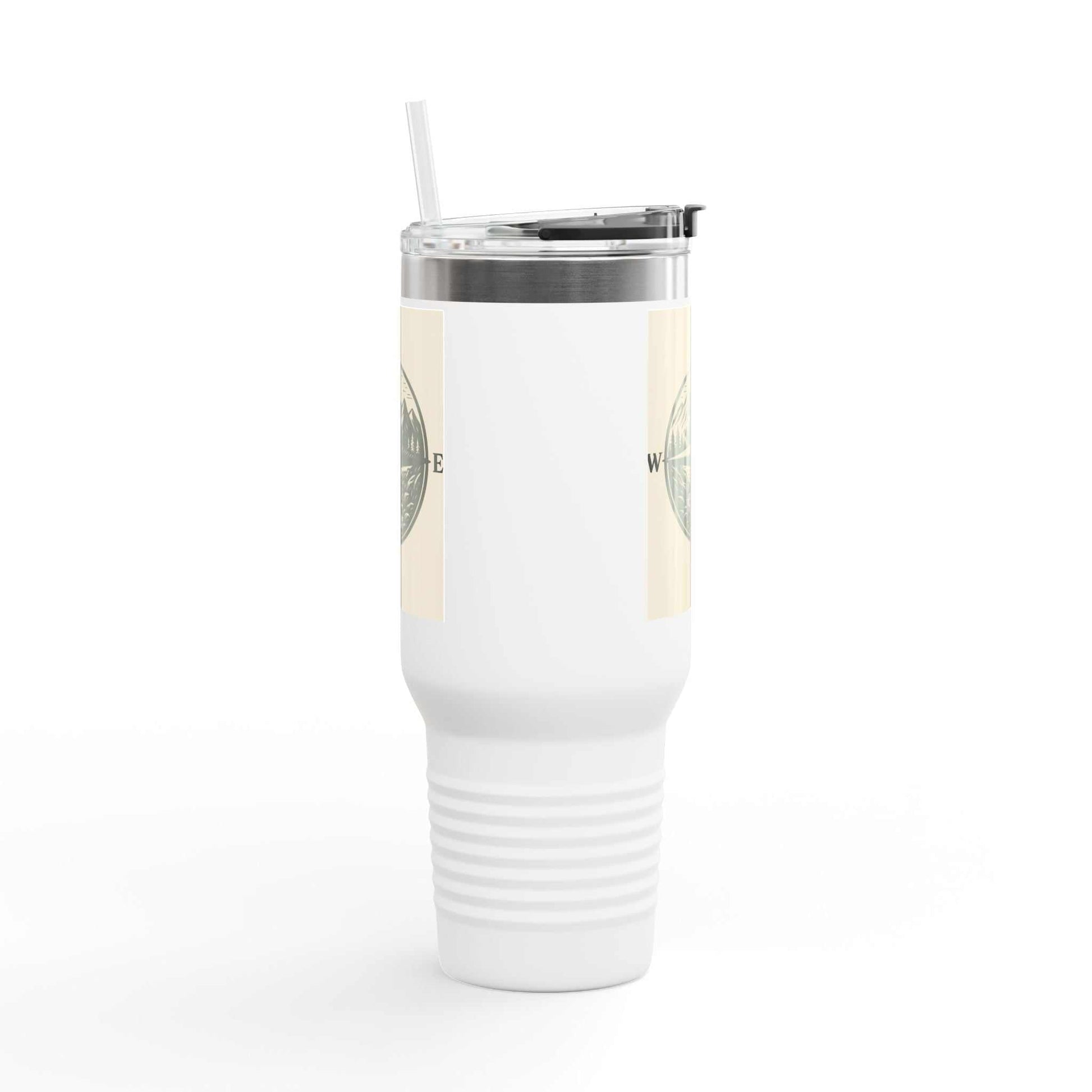 40oz Montana Compass Travel Mug with compass design, stainless steel, leak-proof lid, ergonomic handle.