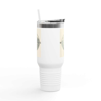 40oz Montana Compass Travel Mug with compass design, stainless steel, leak-proof lid, ergonomic handle.