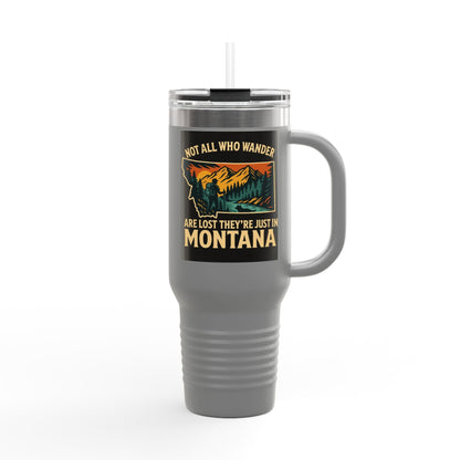 Large insulated Montana Adventure Mug with bold design and ergonomic handle, ideal for explorers and outdoor enthusiasts.