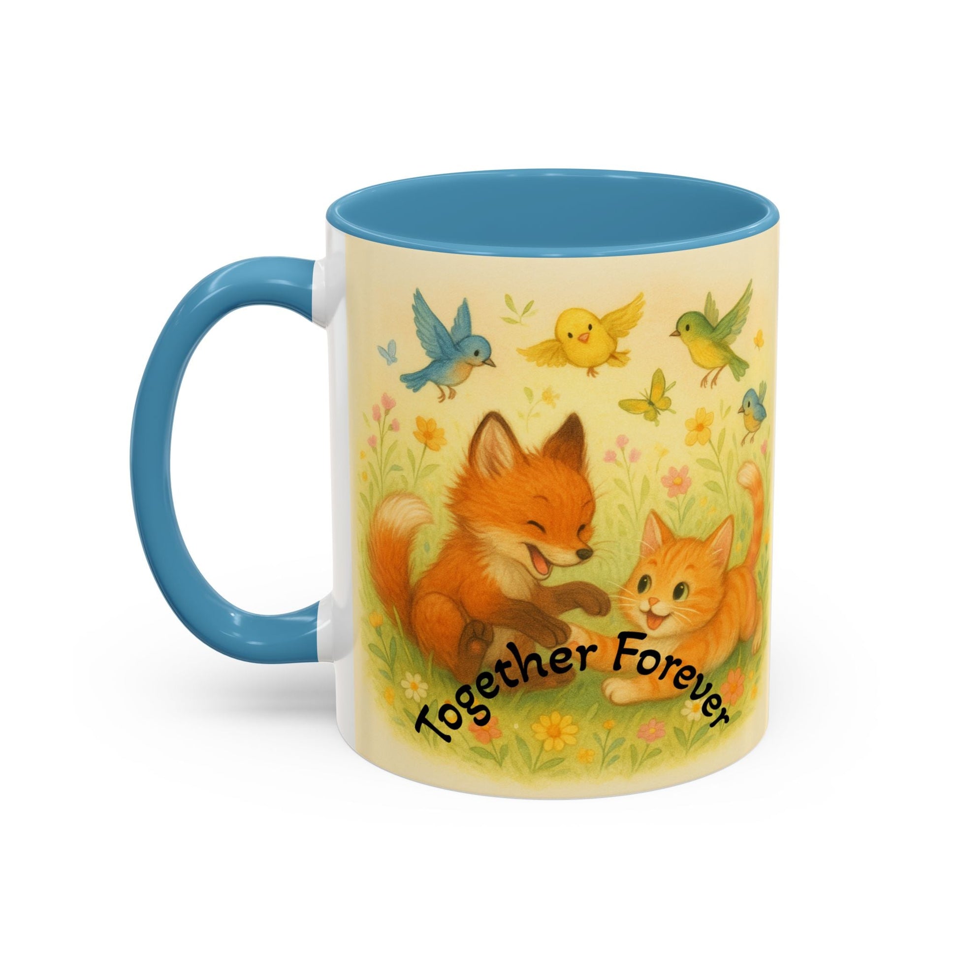 Whimsical Cat Mug with playful design featuring animals and "Together Forever" text, perfect for cat lovers and creatives.