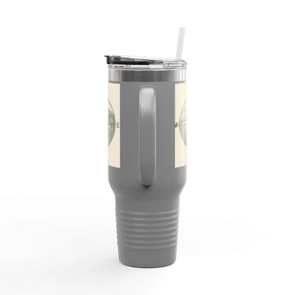 40oz Montana Compass Travel Mug with handle, durable stainless steel with compass design, ideal for outdoor adventures and hot or cold drinks.