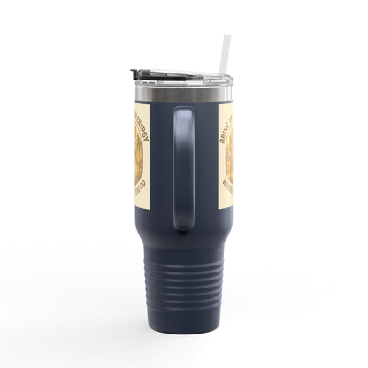 40oz insulated travel cup with handle and straw, Good Energy Only Mug design, navy color.