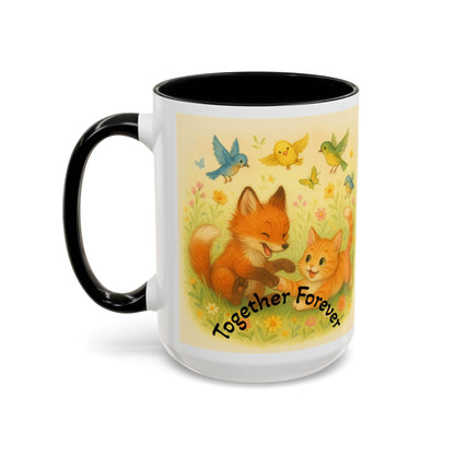 Whimsical Cat Mug with playful fox and bird design, perfect gift for animal lovers and creatives.