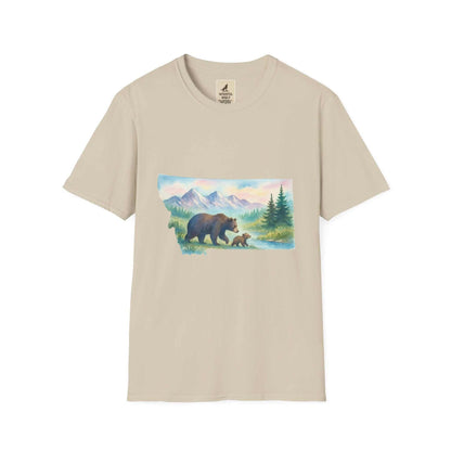 Montana Adventure Tee with wilderness bear graphic against mountain backdrop.
