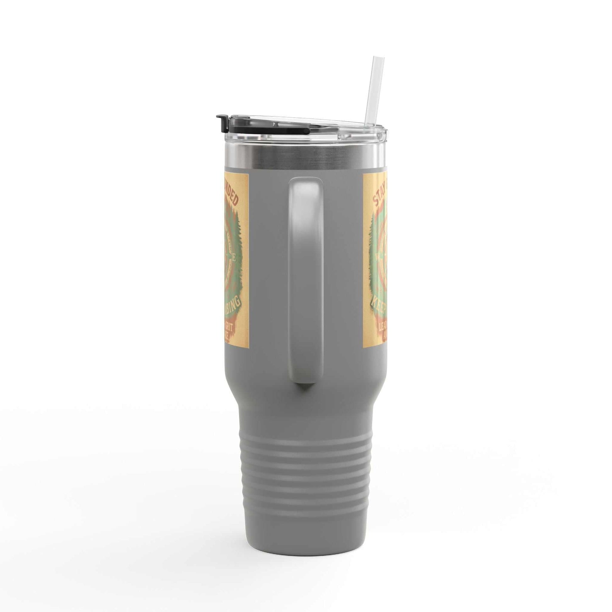 40oz grey Stay Grounded Travel Mug with ergonomic handle, insulated stainless steel body, and leak-proof lid.