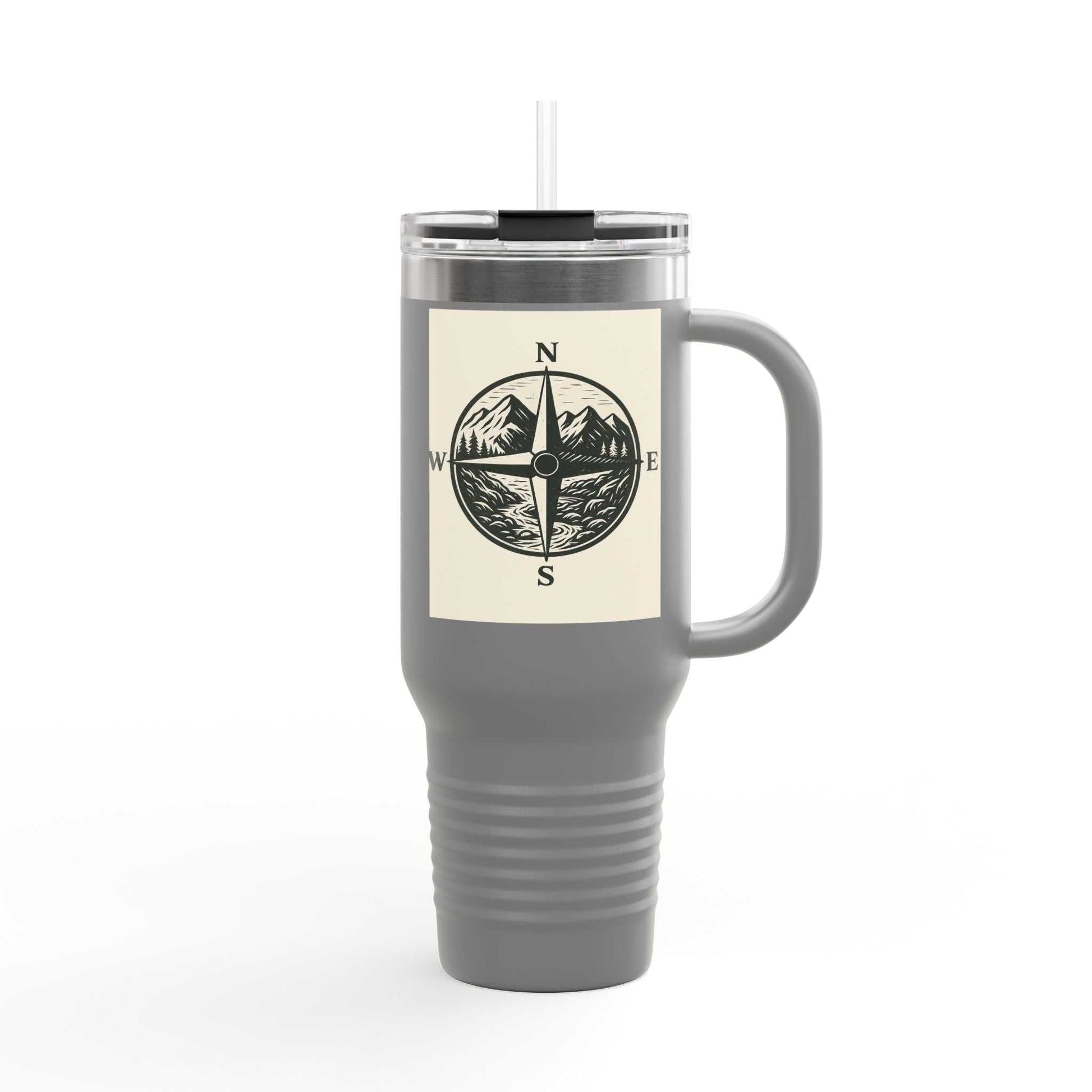 40oz Montana Compass Travel Mug with insulated stainless steel body and compass design.