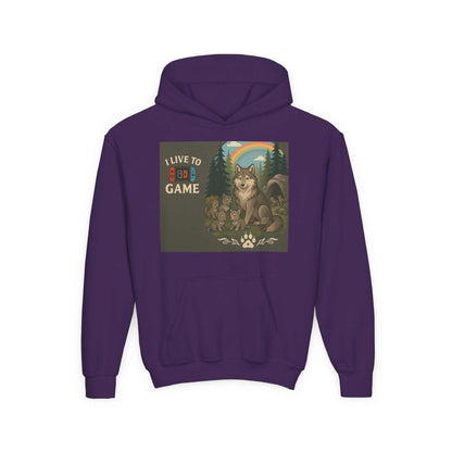 Purple Youth Wildlife Hoodie with nature graphic and inspirational quote, featuring kangaroo pocket; perfect for adventurous kids.