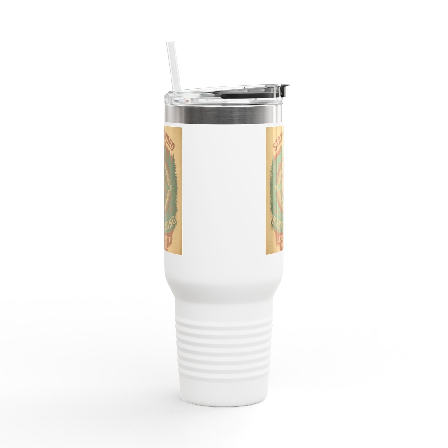 40oz white insulated travel mug with a secure lid and handle, featuring a vibrant design and the words "Stay Grounded."