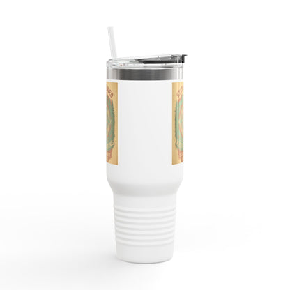 40oz white insulated travel mug with a secure lid and handle, featuring a vibrant design and the words "Stay Grounded."