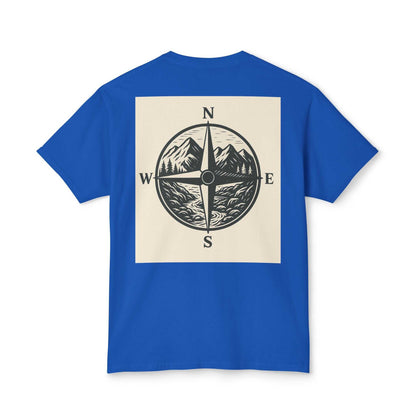 Blue Montana Adventure Tee featuring a nature-themed compass design on the back.