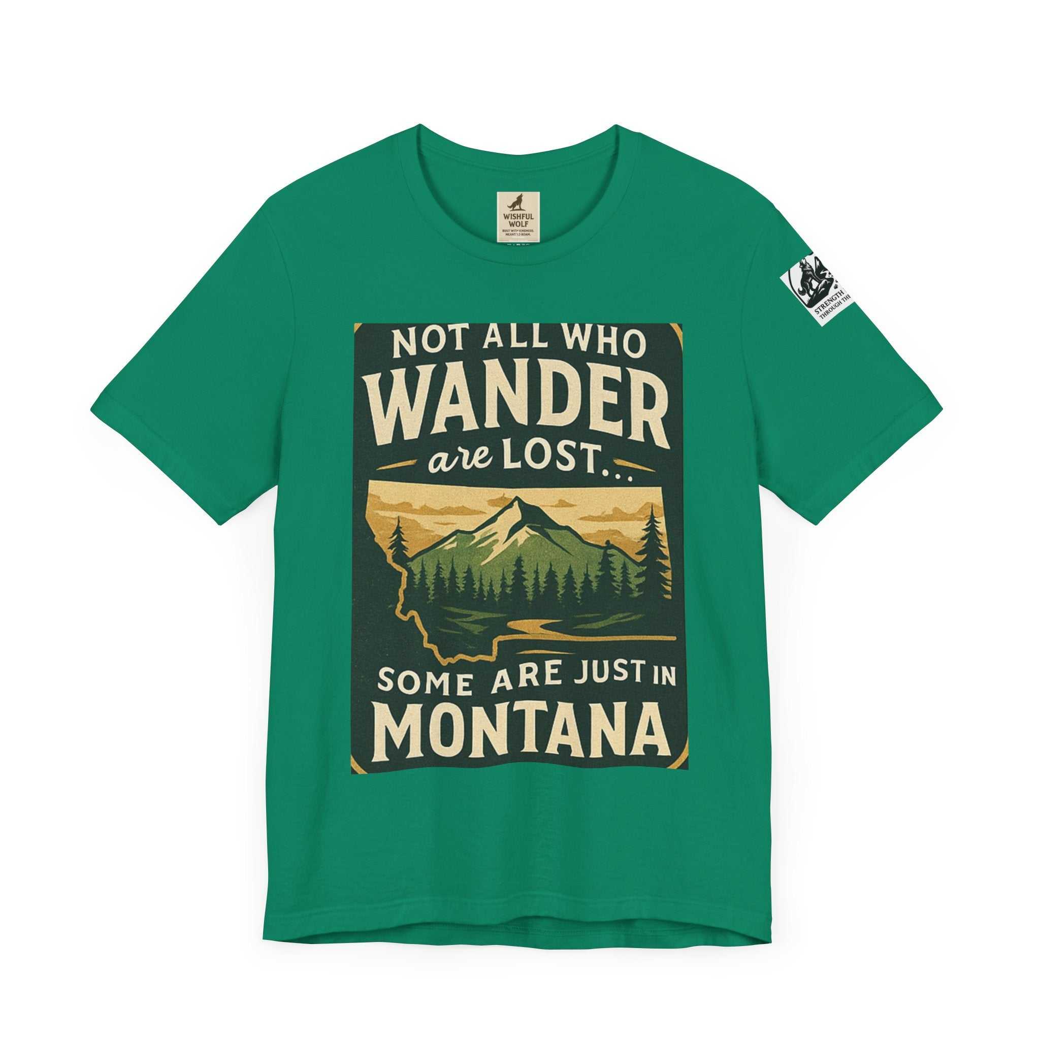 Green "Get Lost in Montana Tee" with vintage graphic, ideal for outdoor adventures and nature lovers.