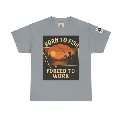 Montana Fishing Tee with "Born to Fish, Forced to Work" graphic design for nature lovers.