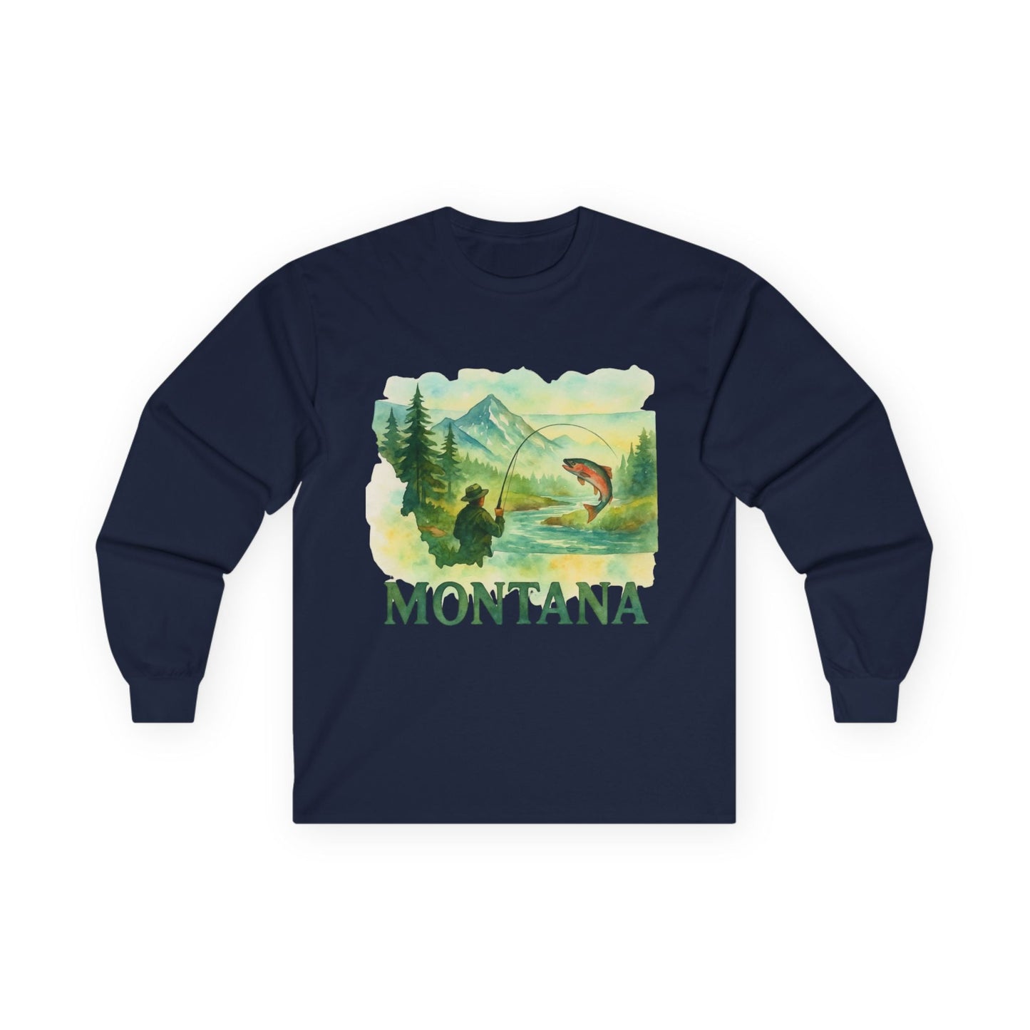 Montana Fishing Long Sleeve Tee for Men with vintage-style design and nature scene.