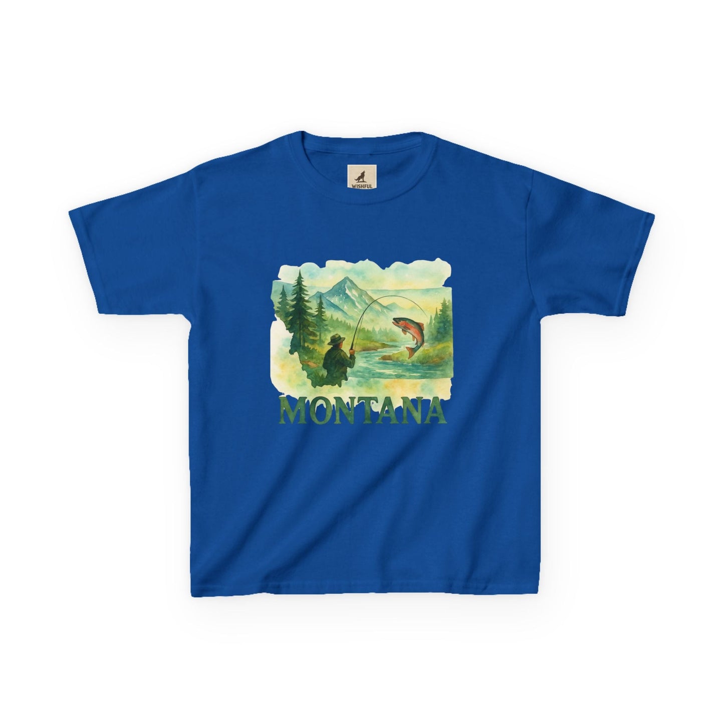 Nature-inspired graphic design on blue kids' tee with "Montana" text.